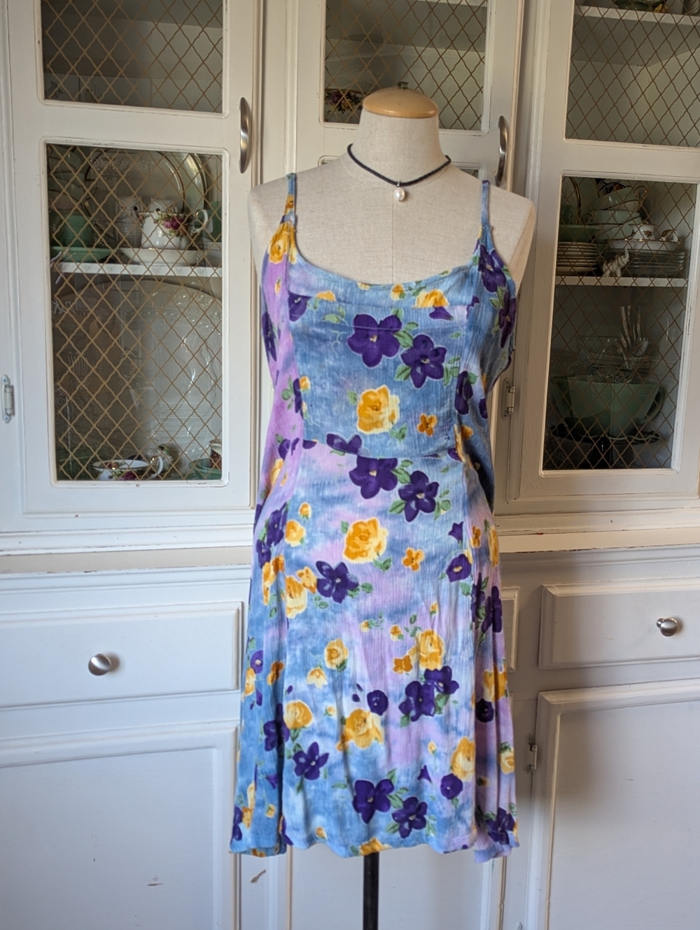 VTG 90s Hippie Chic Yellow Floral Boho Rayon Mini Dress Slip Ties Made In India